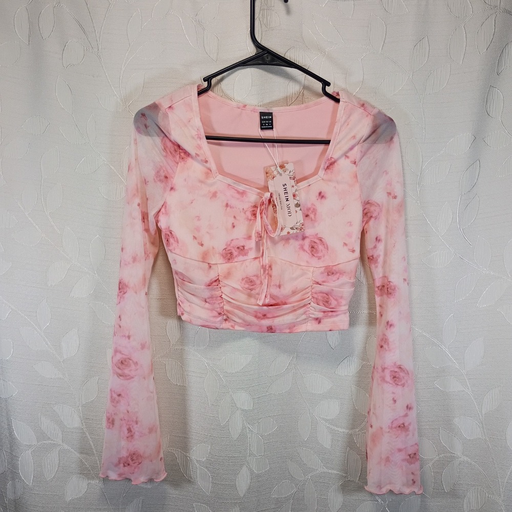 SHEIN MOD Pink Floral Rose Mesh Long Sleeve Ruched Tie Front Crop Top Small NWT